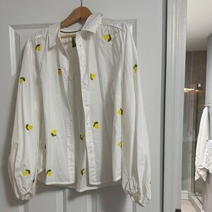 Anthropologie White Shirt with Yellow Floral Accents